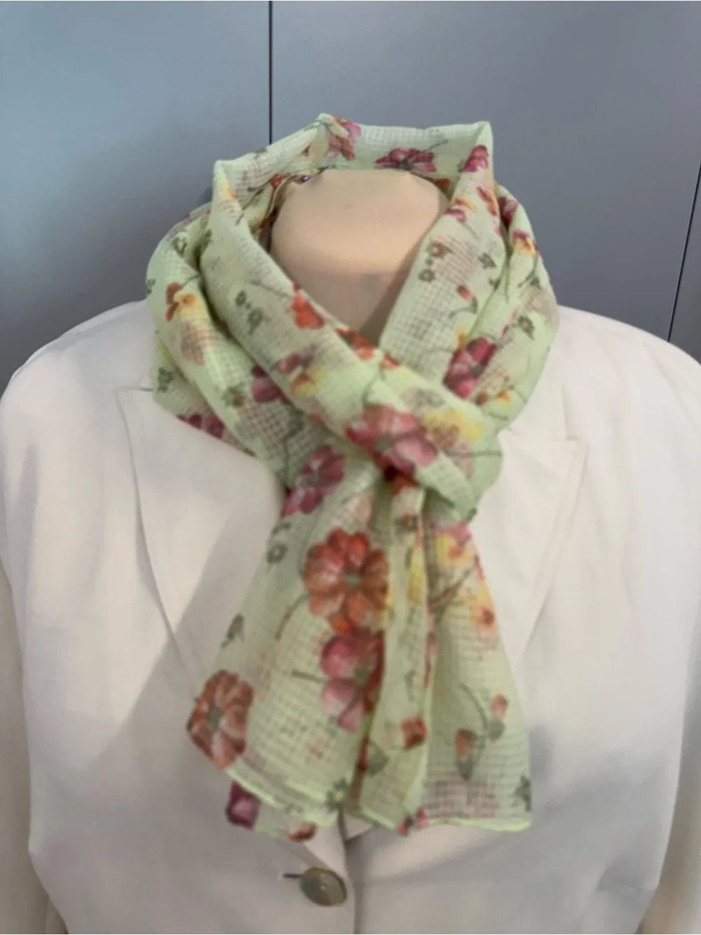 Light Green Floral Scarf - Women's Lightweight Spring Accessory